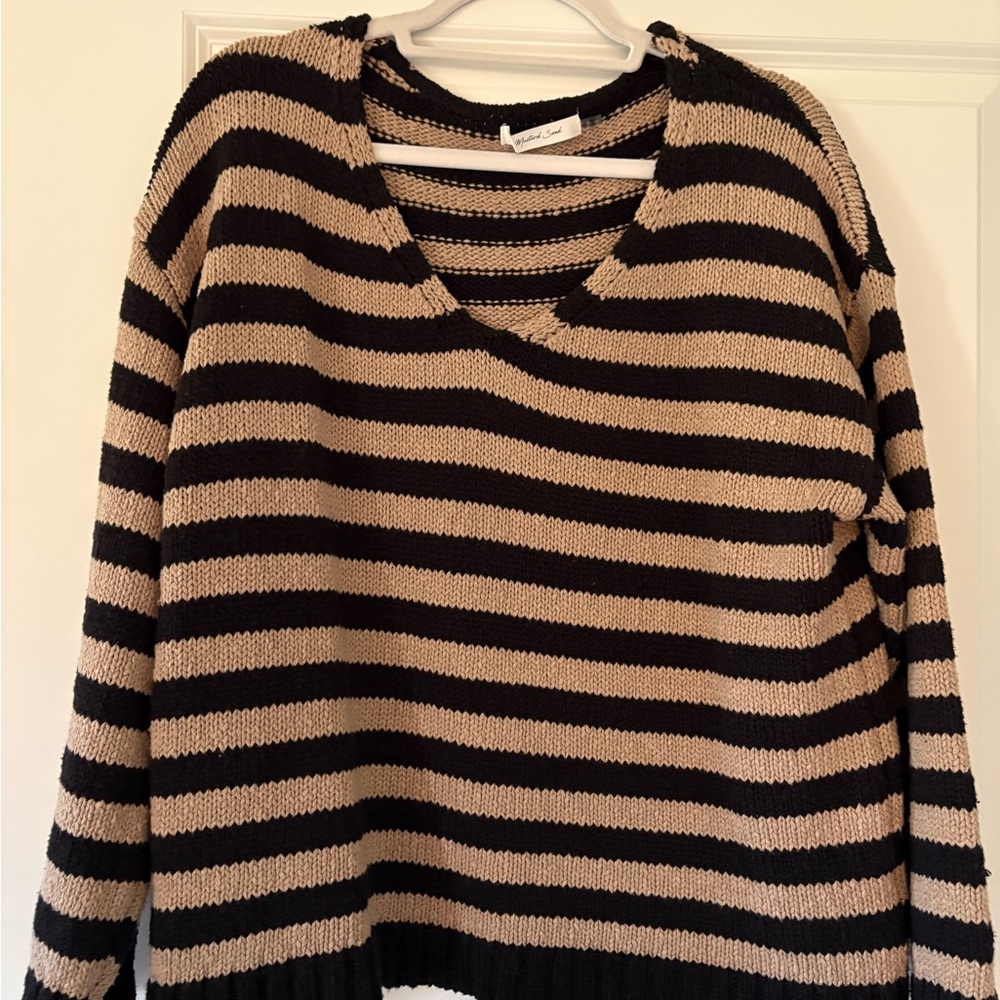 Mustard Seed Black and Tan Striped V-Neck Sweater